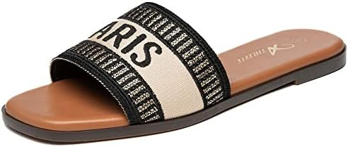 Athlefit Women's Slip On Flat Sandals Summer Embroidered Square Open Toe Slide Sandals | Amazon (US)