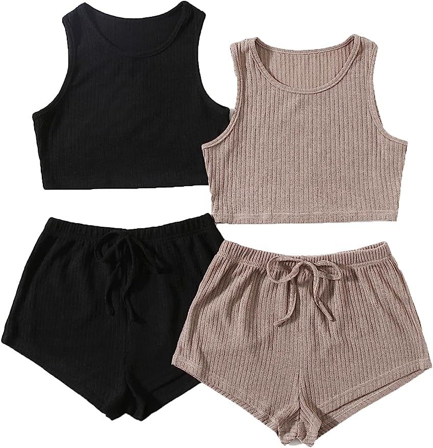SheIn Women's 4 Pieces Rib Knit Lounge Set Crop Tank and Knot Shorts Pajama Set | Amazon (US)