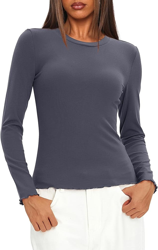 Darong Women Long Sleeve Shirts Slim Fit Tops Basic Tee 2026 Cute Lettuce Trim Undershirt Going O... | Amazon (US)