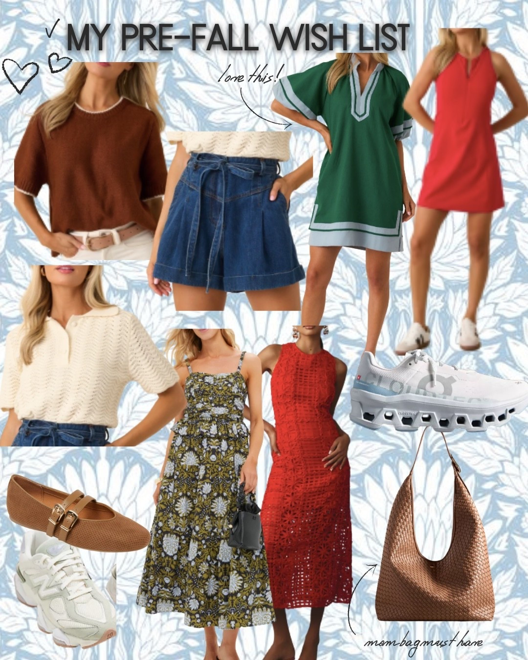 My fall style wish list - fall bags, fall sneakers, sweater tees, fall wedding guest dresses, and fall activewear dress for school spirit. I totally want these on cloudmonsters in this light blue color! 