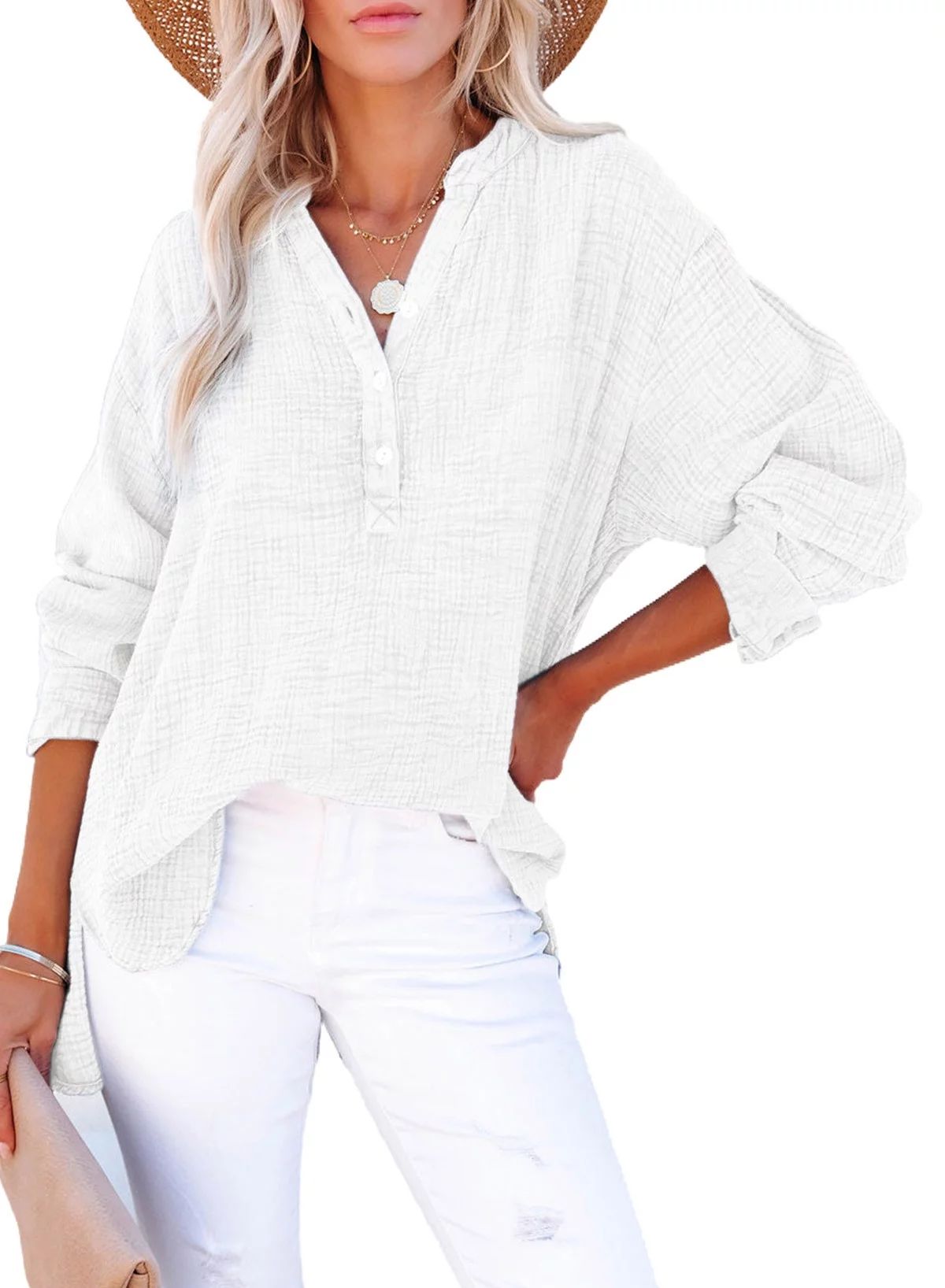 Dokotoo Women's Henley Shirts Button Down Split V Neck Pullover Blouses Fashion Side Slits High L... | Walmart (US)