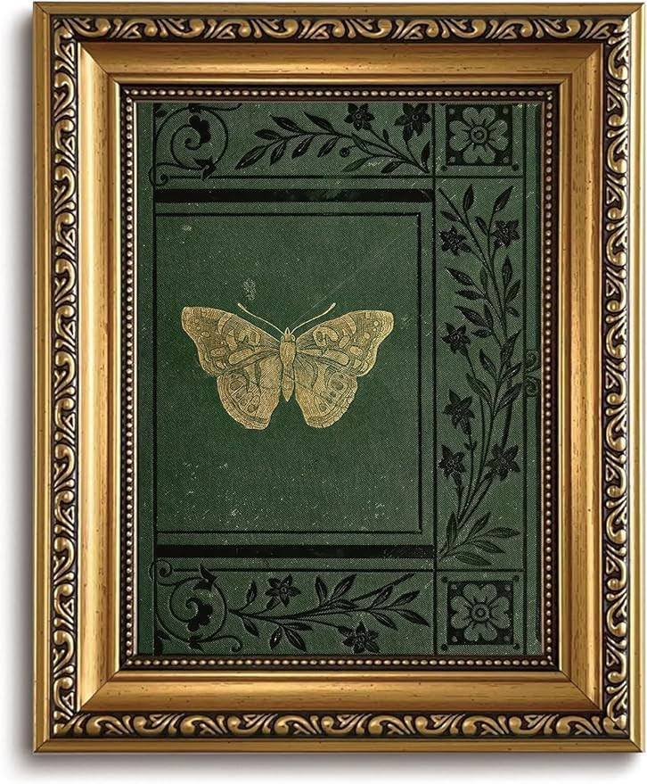 LHHJDIO Vintage Gold Framed Wall Art Classical Butterfly Wall Art Emerald Green Old Bookcover Pic... | Amazon (US)