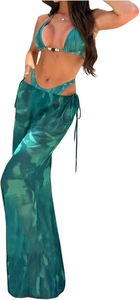 WDIRARA Women's 3 Piece Bikini Sets Tie Dye High Cut Triangle Halter Swimsuit with Cover Up Skirt | Amazon (US)