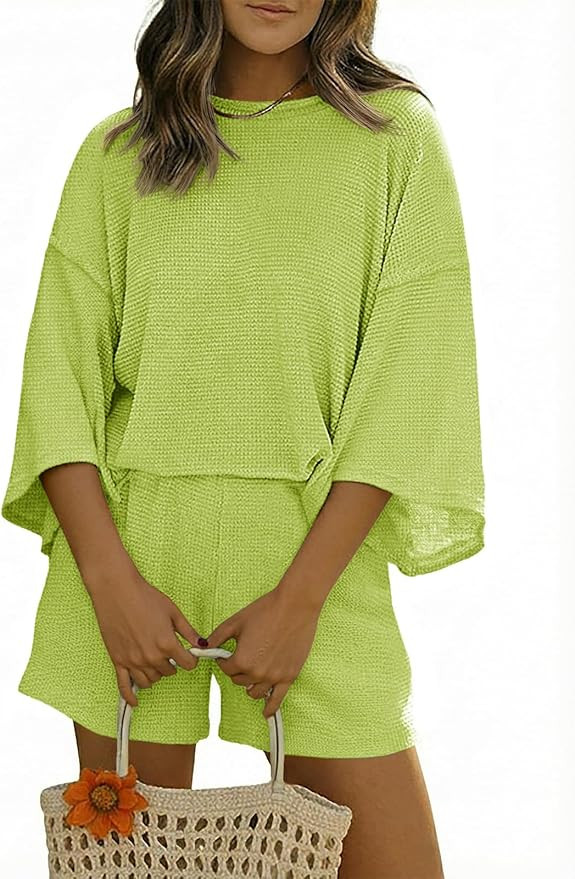 Tankaneo Womens Short Sets 2 Piece Outfits 3/4 Sleeve Tops and Elastic Waist Shorts Lounge Set Ca... | Amazon (US)