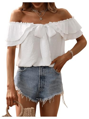 SweatyRocks Women's Off Shoulder Ruffle Trim Knot Front Blouse Tiered Layer Butterfly Short Sleeve Chiffon Tops Summer White L | Amazon (US)