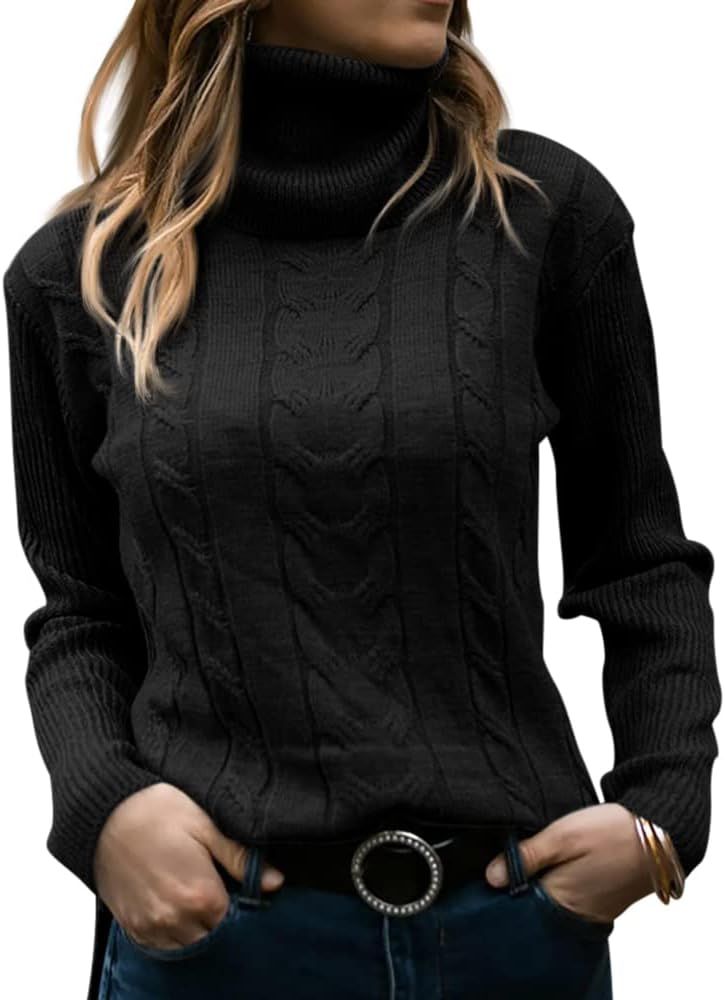 Womens Turtleneck Sweaters Long Sleeve Pullover Cable Knit Sweaters Soft Jumper | Amazon (US)