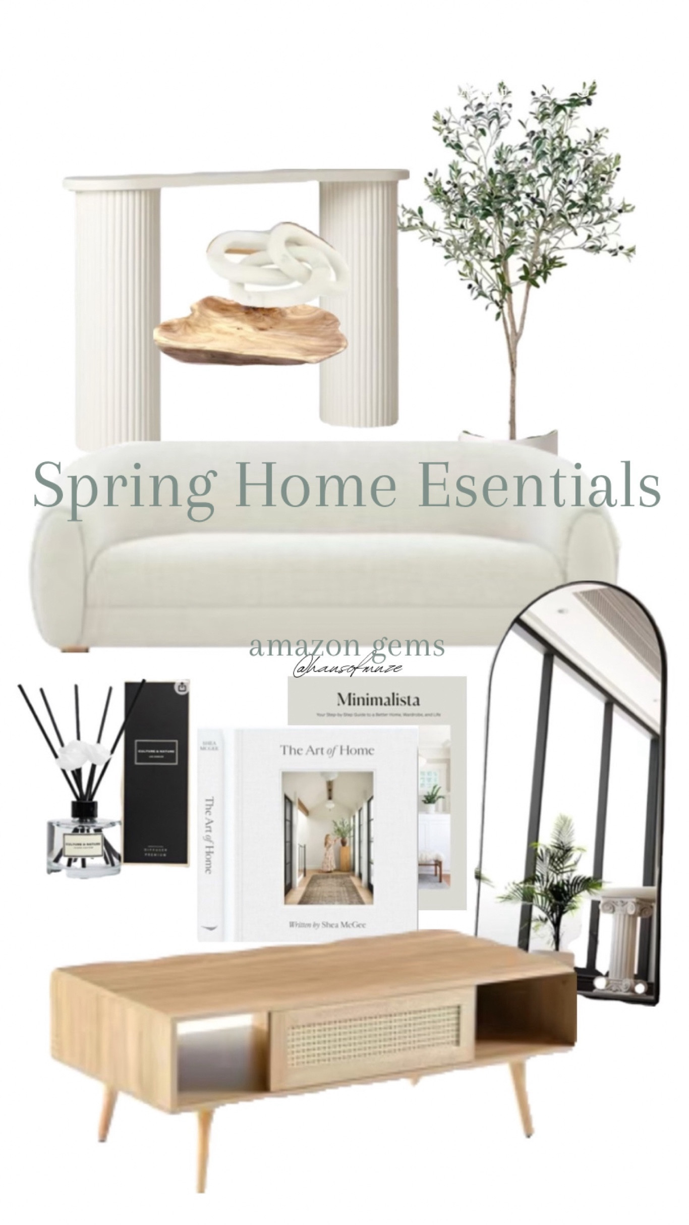 
Natural mid century chic home essentials to help get ready for spring! All Amazon finds✨

Minimal style home
Minimal living room
Mid century modern living room
Elegant Arch mirror
Mid century wood coffee table
Mid century coffee table
Minimal style coffee table
White minimal style couch
Luxury candle
White console 
Wood coffee table decor
Pillar console
Olive plant
Chain link decor
Coffee table decor
Console table decor
Coffee table bowl 
Coffee table books
