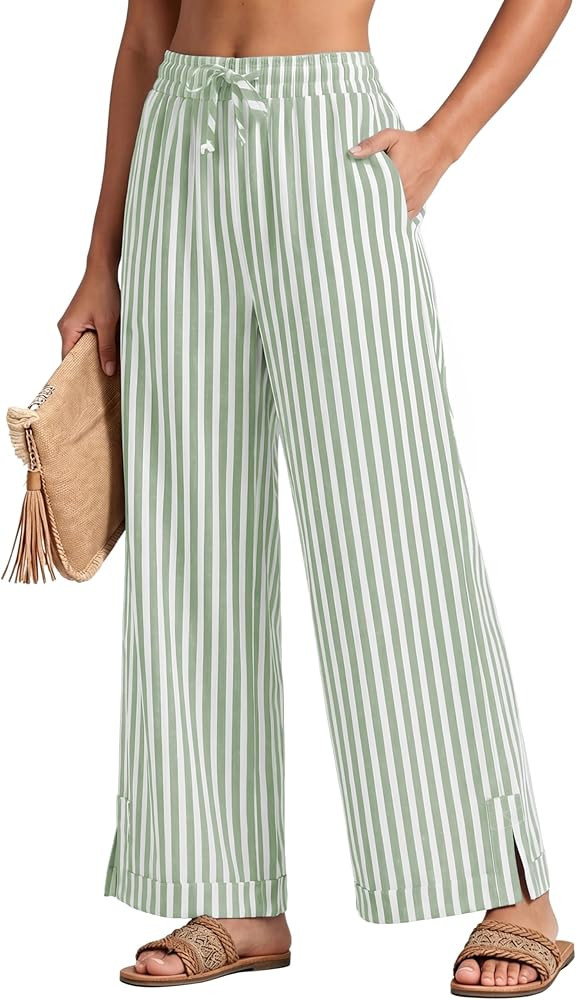 Athlisan Womens Wide Leg Striped Palazzo Pants Casual Summer Elastic Waisted Beach Lounge Trousers with Pockets | Amazon (US)