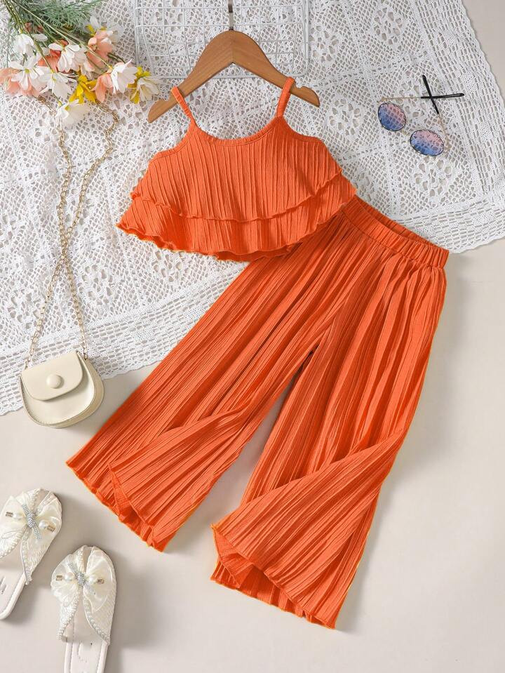 SHEIN Young Girl Ruffle Hem Cami Top & Wide Leg Pants | SHEIN
