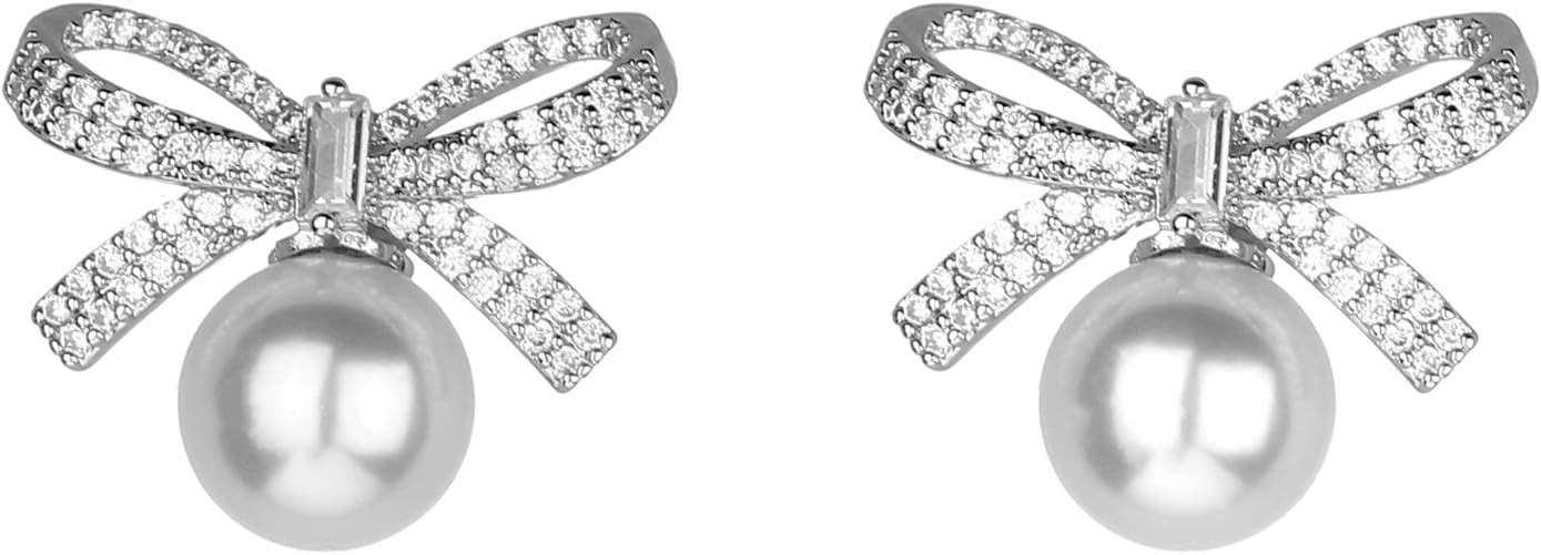 NICOLE MILLER Silver Ribbon Bow Crystal Rhinestones White Pearl Stud Earrings | Amazon (US)