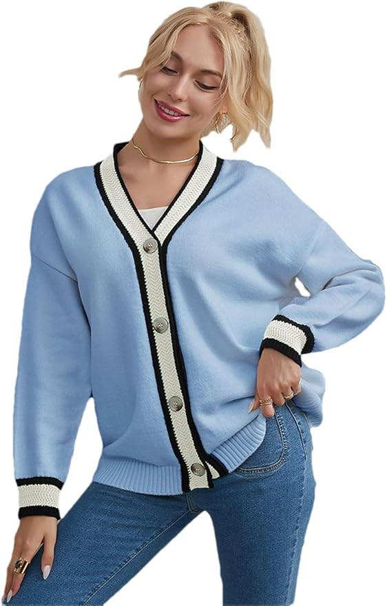 Women's Contrast Single Breasted Cardigan Sweater Casual Warm Long Sleeve Knitwear Top | Amazon (US)