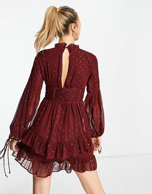 ASOS DESIGN jacquard chiffon high neck mini dress with pintuck sleeve detail | ASOS (Global)