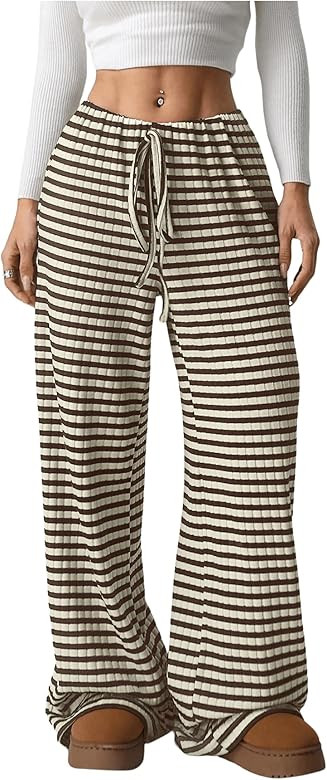 Women's Striped Pants Elastic Waist Knit Pants Wide Leg Pants Baggy Loose Drawstring Palazzo Trou... | Amazon (US)