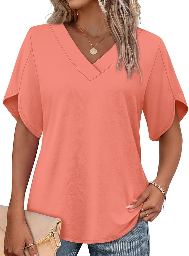 WIHOLL Womens Summer Tops Short Petal Sleeve Shirts Fashion V Neck Outfits Clothes | Amazon (US)