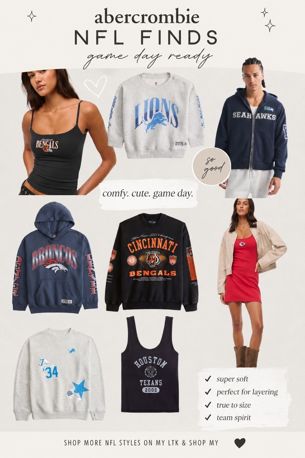 🏈 NFL Game Day Style Just Got a Major Upgrade 🏈

Abercrombie absolutely understood the assignment this season. From vintage-inspired graphic sweatshirts and oversized hoodies to fitted tanks and the cutest game day dresses, these NFL finds are giving effortless, elevated fan style.

Whether you’re tailgating, heading to the stadium, or watching from your favorite sports bar, these pieces are comfy, flattering, and easy to wear all football season long. Don’t wait—popular teams and sizes always sell out first!

✨ Shop all of my favorite Abercrombie NFL finds linked here.

#LTK #LTKStyle #LTKFashion #LTKSeasonal #Abercrombie #AbercrombieStyle #NFLStyle #NFLFashion #GameDayStyle #FootballSeason #FallFashion #SportsStyle #TailgateOutfit #WomenWhoShop #CasualChic #TrendingNow #WeekendStyle #ShopTheLook #OOTD #FallOutfitIdeas

#LTKmomlife #LTKSeasonal