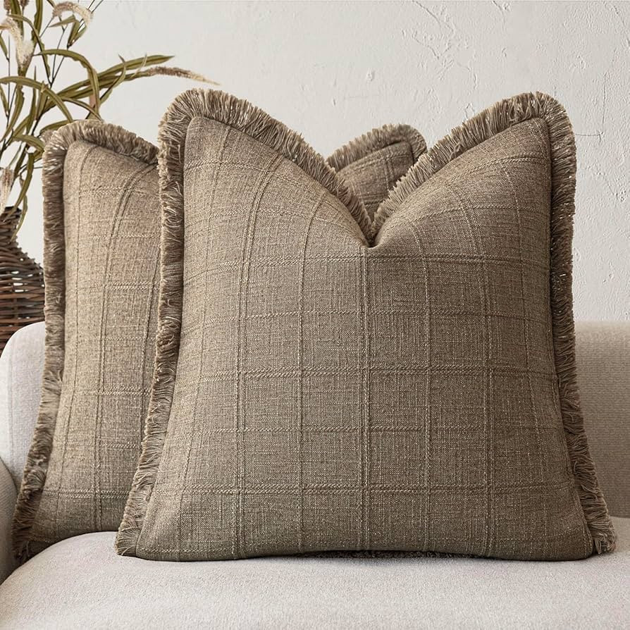 Foindtower Set of 2 Decorative Linen Check Fringe Throw Pillow Covers Farmhouse Vintage Cushion C... | Amazon (US)