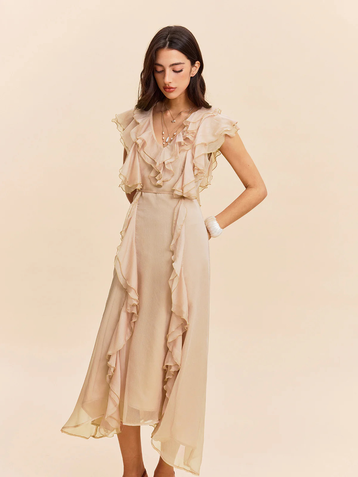 Semi-Sheer Ruffle Detail Dress | Commense