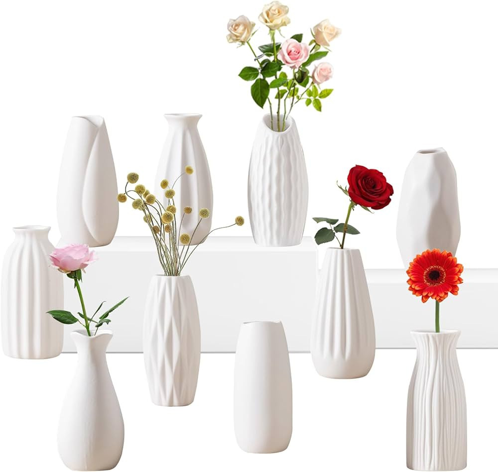 Sameme 5'' White Ceramic Bud Vases Set of 10,Small Vases in Bulk for Flowers,Mini Vases for Cente... | Amazon (US)