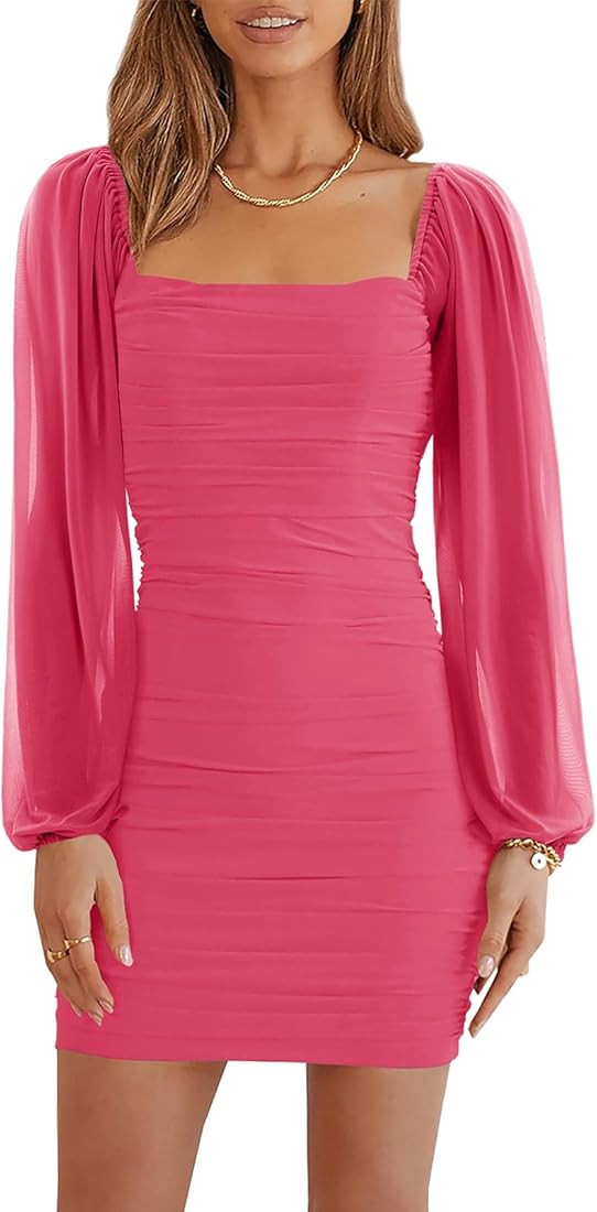 Wenrine Women's Mesh Long Sleeve Square Neck Ruched Party Club Cocktail Bodycon Mini Dress | Amazon (US)