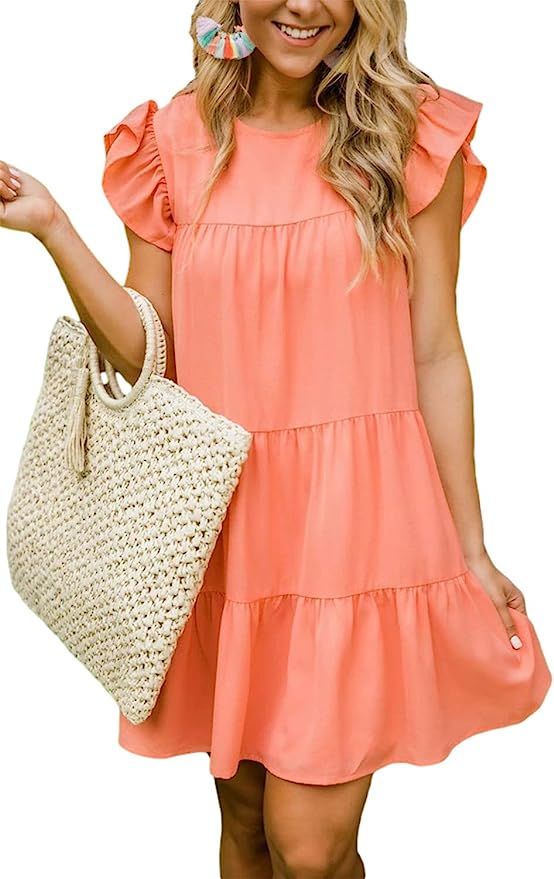 IHOT Women Casual Babydoll Ruffle Sleeve Crew Neck Loose Flowy Mini Tunic Short Dresses | Amazon (US)