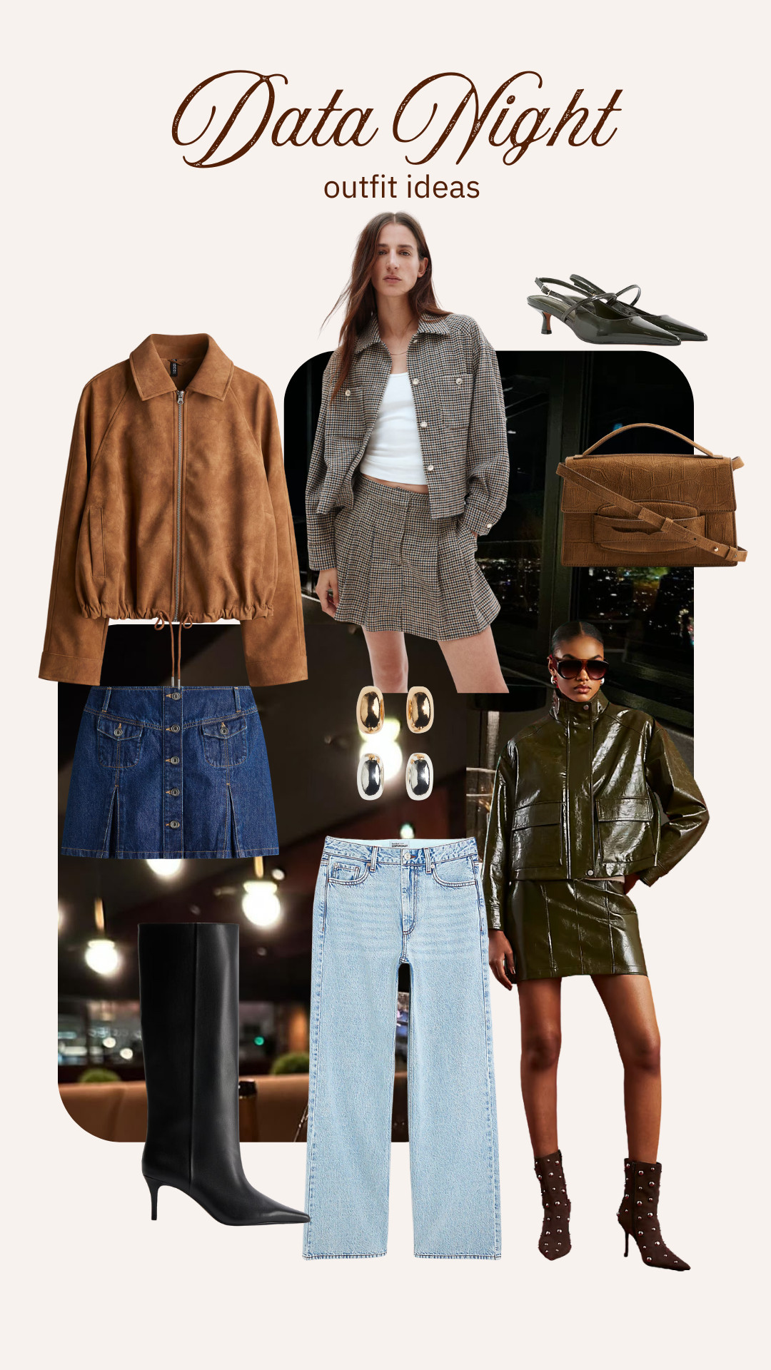 Data night outfit idea, transitional, autumn, H&M, River Island, suede jacket, knee-high boots, jeans, co-ord, leather jacket, crossbody bag, mini skirt  

 #LTKuk #LTKautumn #LTKdatenight