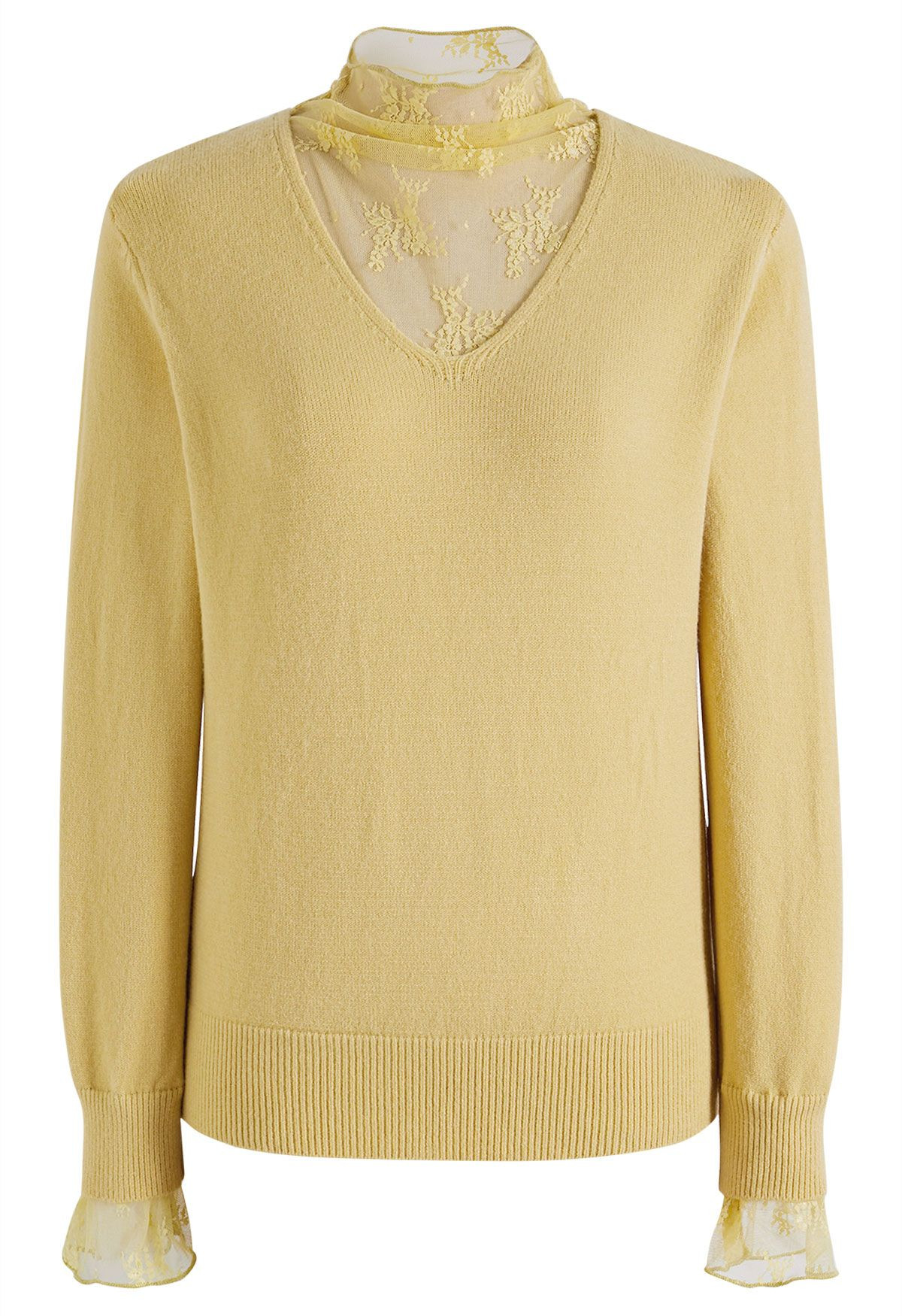 Floret Lace Inserted Mock Neck Knit Top in Yellow | Chicwish