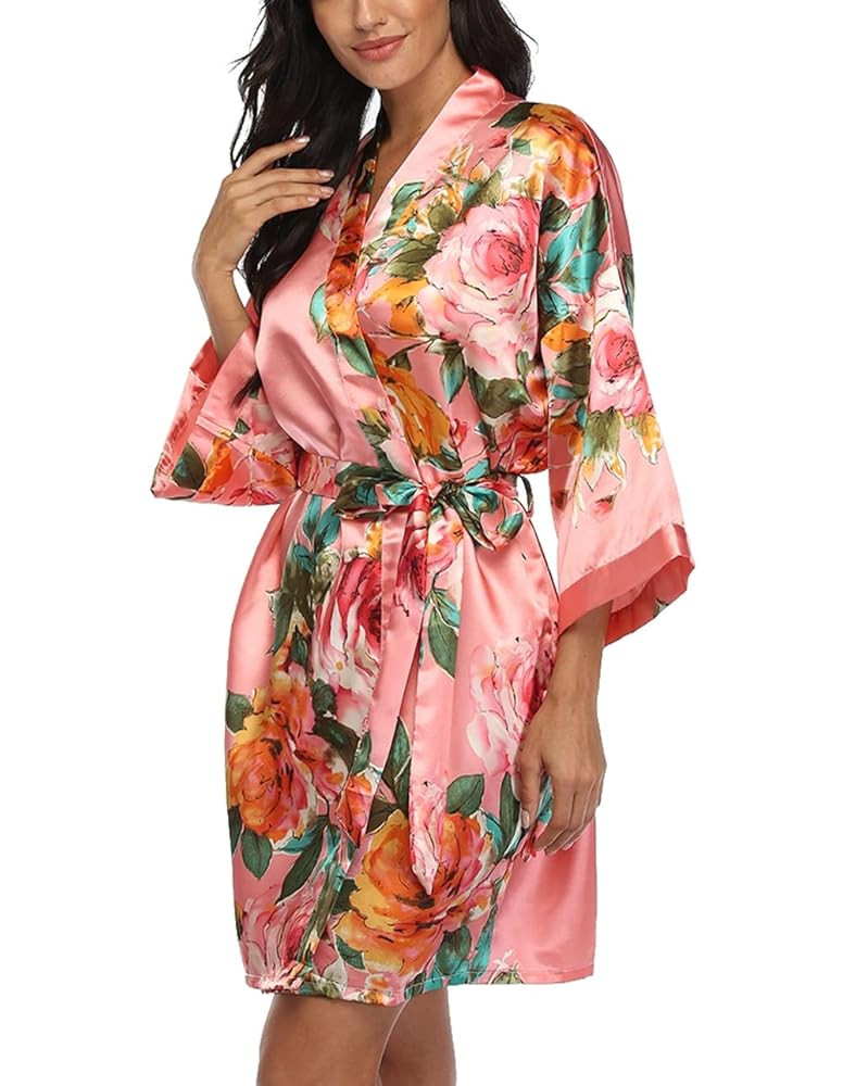 Floral Silk Robes for Women Short Satin Kimono Bride Bridesmaid Robes Bathrobe | Amazon (US)