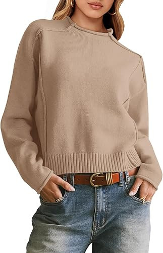 Saodimallsu Womens Cropped Sweaters Long Sleeve Mock Neck Soft Knit Casual Loose Fit Fall Pullove... | Amazon (US)