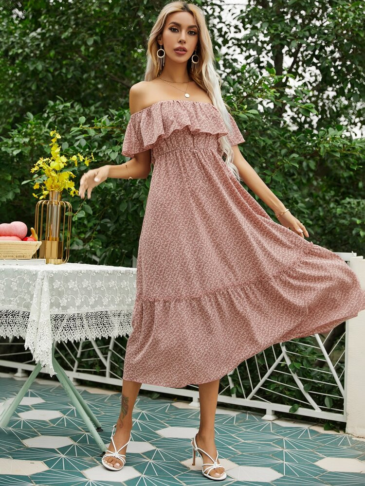 Off-shoulder Ditsy Floral Ruffle Hem Dress | SHEIN
