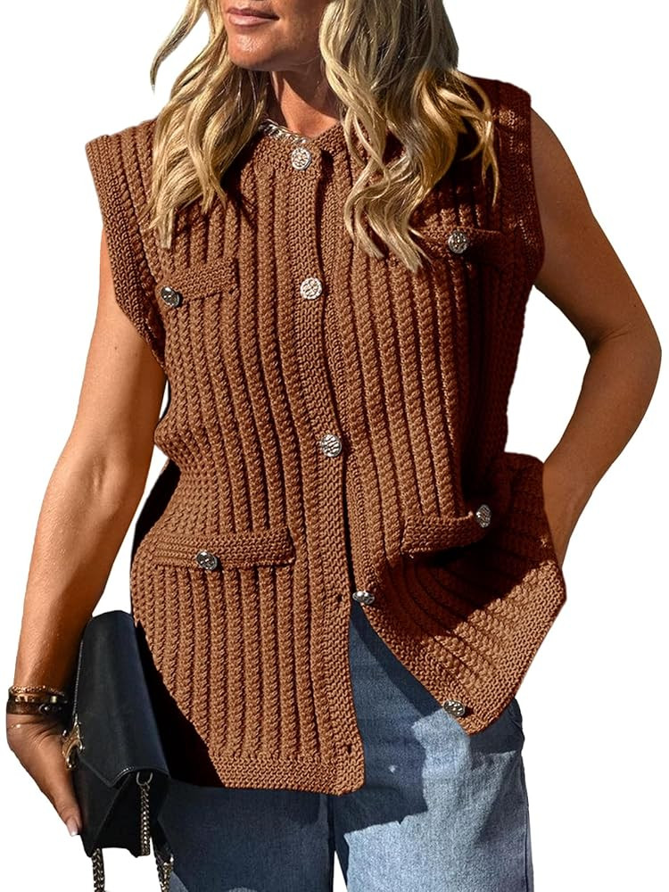 Saodimallsu Womens Sleeveless Sweater Vest Button Up Cable Knit Crew Neck Trendy Casual Loose Sum... | Amazon (US)