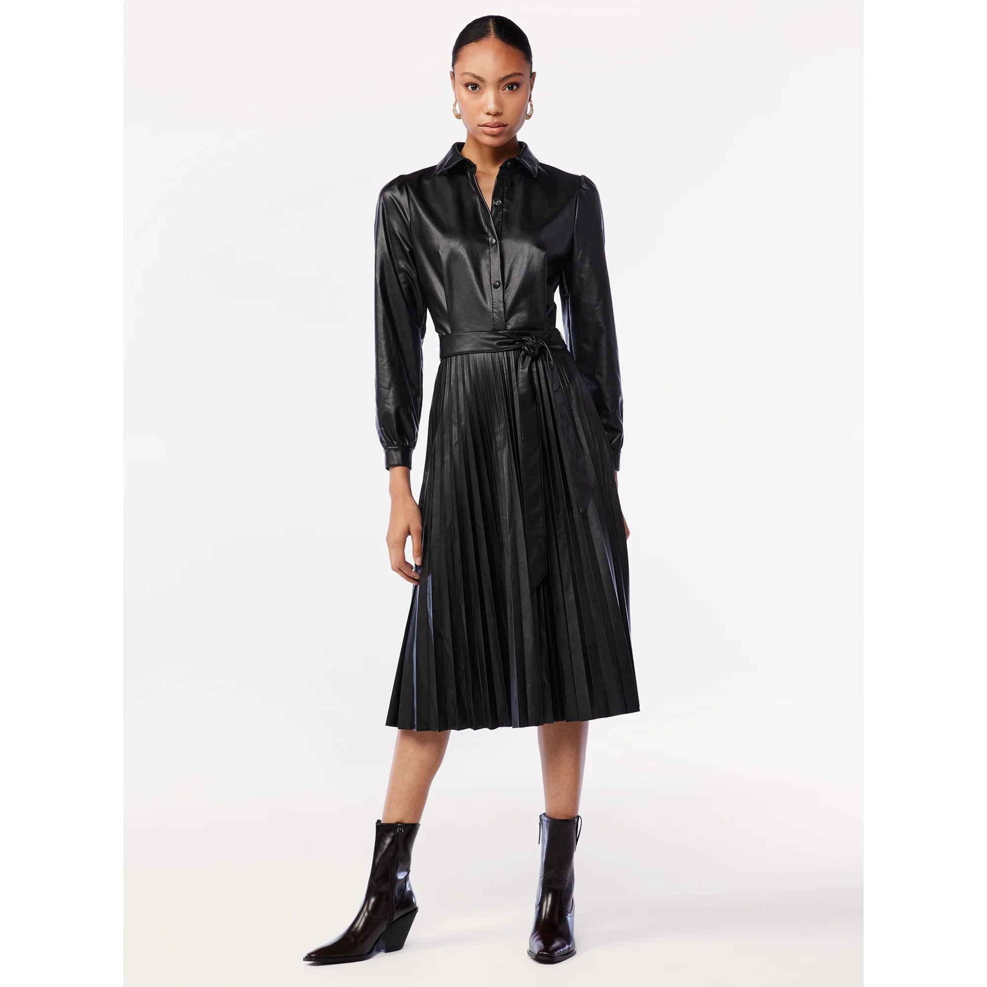 Scoop Women's Faux Leather Pleated Shirtdress - Walmart.com | Walmart (US)