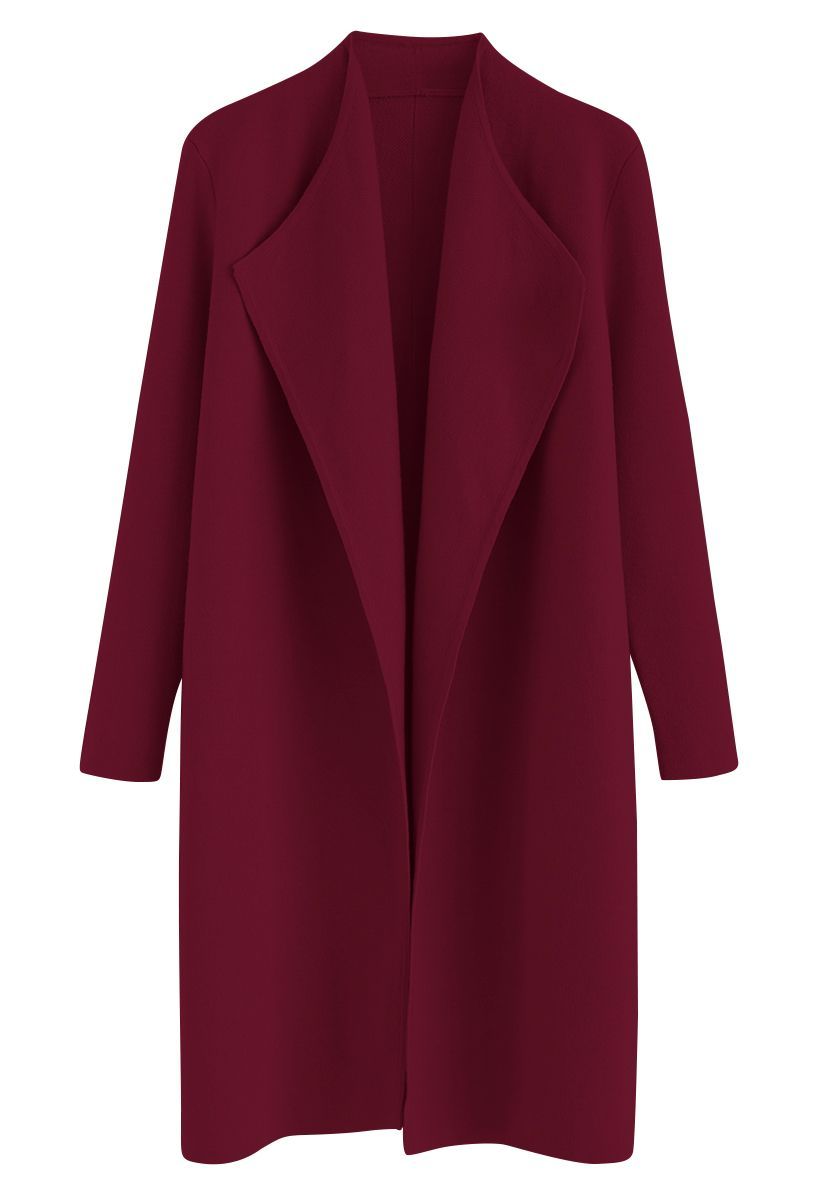 Classy Open Front Knit Coat in Burgundy | Chicwish