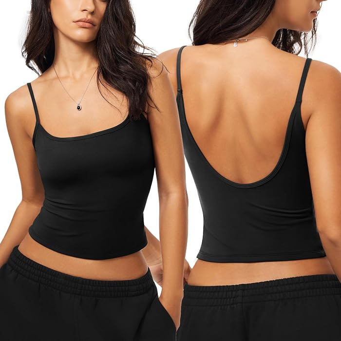 Women\u2019s Open Back Crop Tank Top Spaghetti Strap Square Neck Cami Y2K Going Out Summer Tops | Amazon (US)