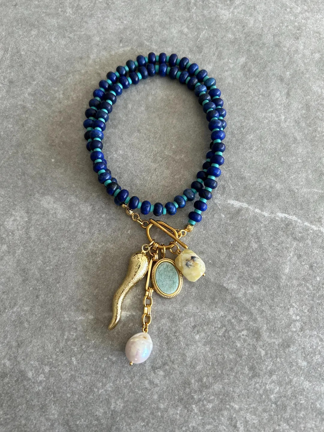 Lapis Lazuli Beaded Multi Charm Necklace: Turquoise, Agate, Pearl, Horn - Etsy | Etsy (US)
