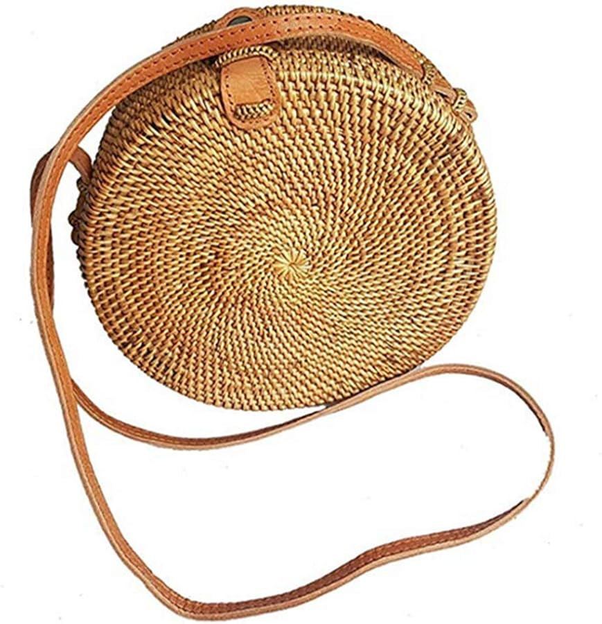 Handwoven Round Rattan Straw Bag for Women Shoulder Leather Button Straps Natural Chic Handmade B... | Amazon (UK)