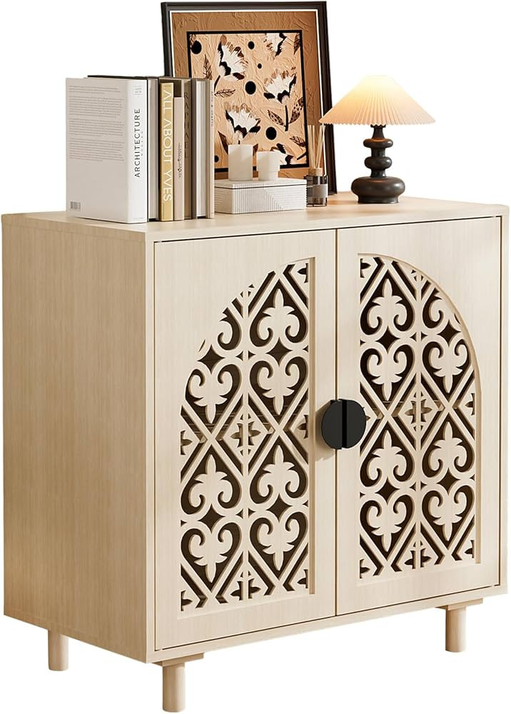 Decorative Storage Cabinet Sideboard with Hollow Carved Panels, 2 Doors, Natural Wood, 29.8 x 31.... | Amazon (US)