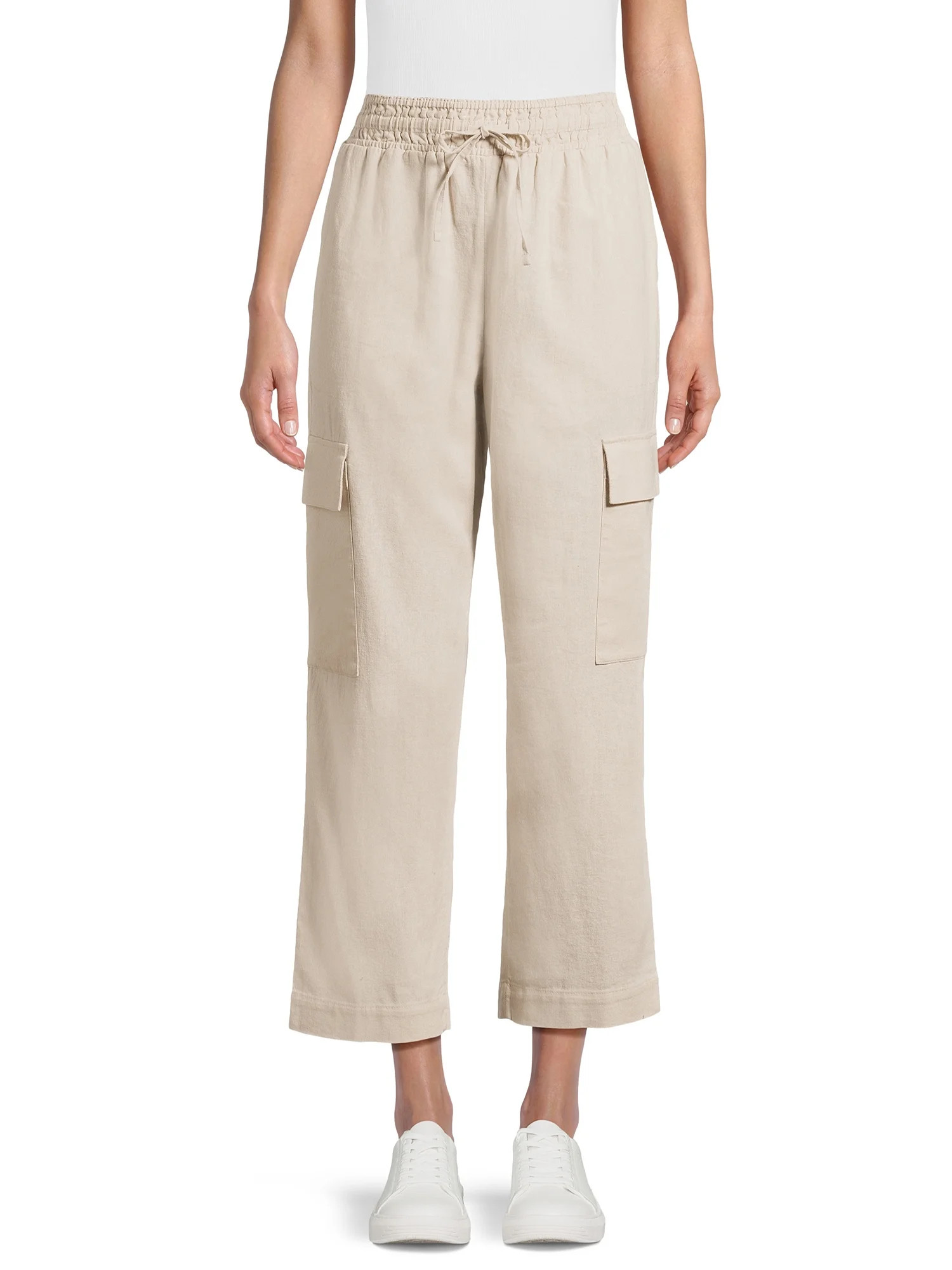 Time and Tru Women's High Rise Pull on with Drawstring Straight Leg Cargo Linen Pants, Size XS-XX... | Walmart (US)