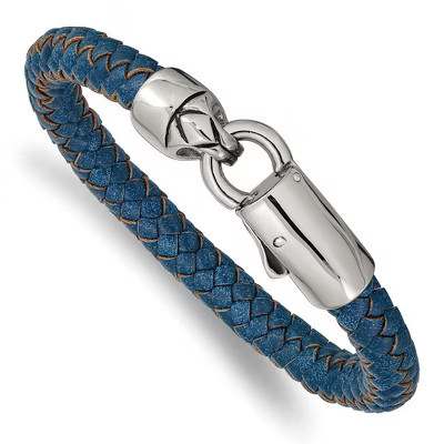 Black Bow Jewelry 8mm Stainless Steel & Blue Leather Braided Bracelet, 8.25 Inch | Target