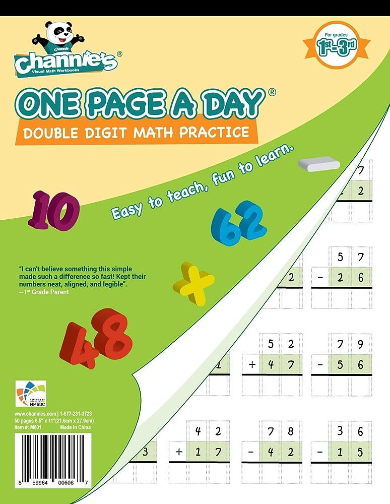 Channie's One Page A Day Double Digit Math Problem Workbook for 1st Graders, 2nd Graders, and 3rd... | Amazon (US)