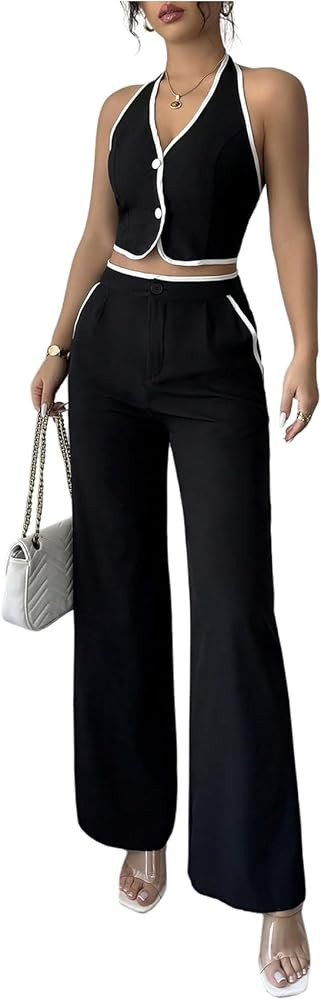 SOLY HUX Women's Summer 2 Piece Outfits Halter Crop Tops and Wide Leg Pants Business Casual Sets | Amazon (US)