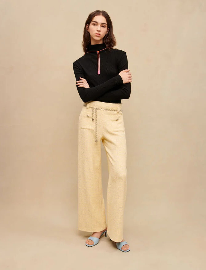 Yellow tweed belted trousers | Maje US