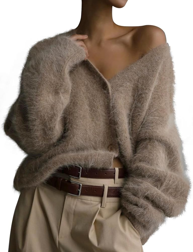 COZYPOIN Womens Fuzzy Mohair Cardigan Open Front Button Down V Neck Long Sleeve Sweater Slouchy D... | Amazon (US)