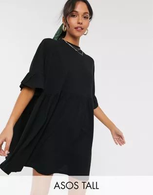 ASOS DESIGN Tall super oversized frill sleeve smock dress in black | ASOS (Global)