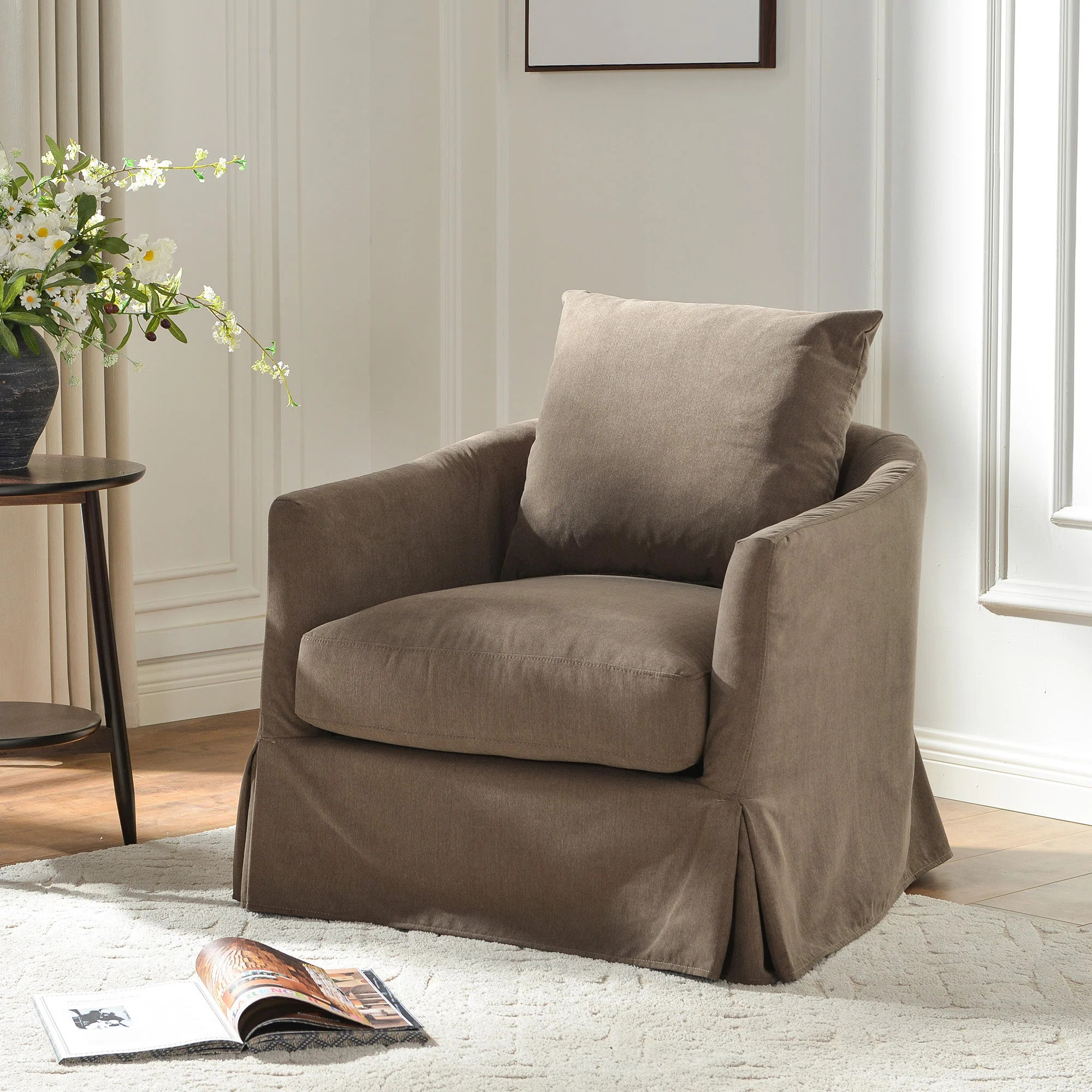 32" Wide Down Fill Upholstered Slipcovered Swivel Barrel Armchair | Wayfair North America