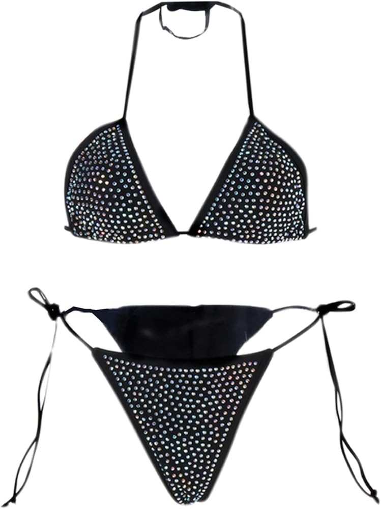 Women’s 2 Piece Shiny Rhinestone Swimsuit Halter String Triangle Sexy Bikini Set Tie Side Bathi... | Amazon (US)