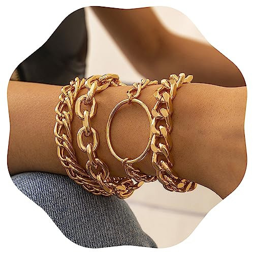 JWICOS Gold Chunky Chain Bracelet for Women Charm Boho Bracelet for Women Flat Cable Chunky Chain Bangle with Circle Set of 4 (Gold) | Amazon (US)