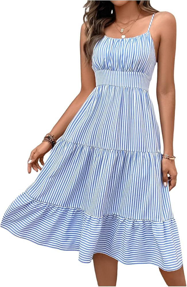 Floerns Women's Summer Midi Dress Striped Ruched Bust Tiered Ruffle Hem Beach Dresses | Amazon (US)