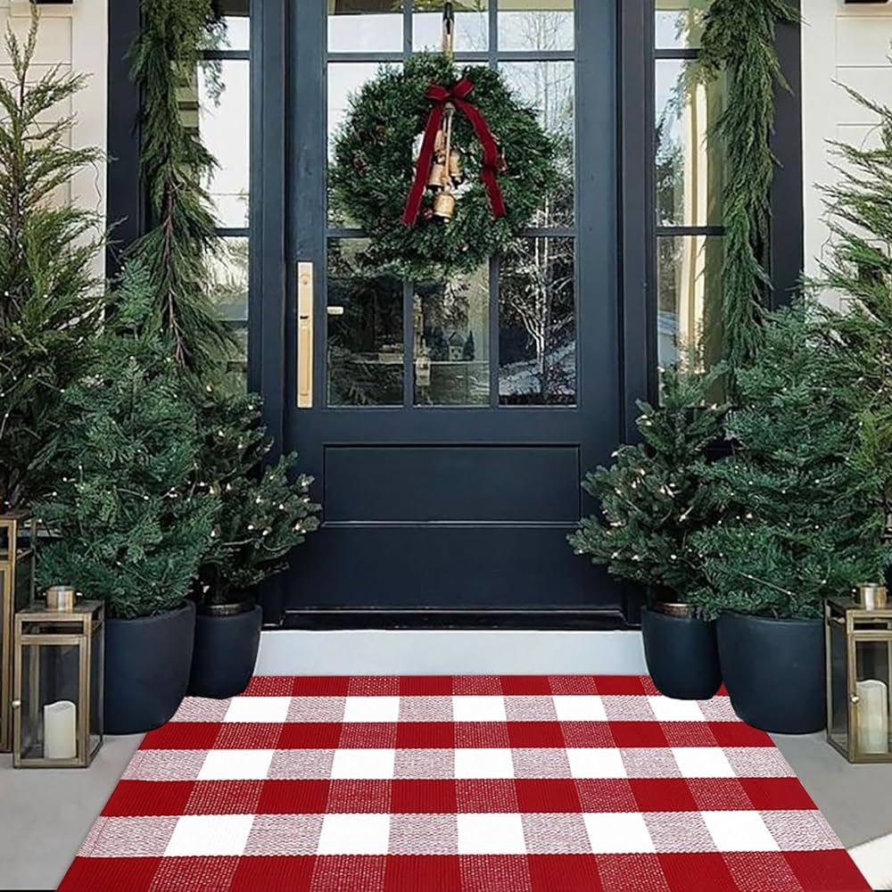 Christmas Door Mat Outdoor 27.5"x43" Buffalo Plaid Christmas Decor Rug Cotton Hand-Woven Layered ... | Amazon (US)