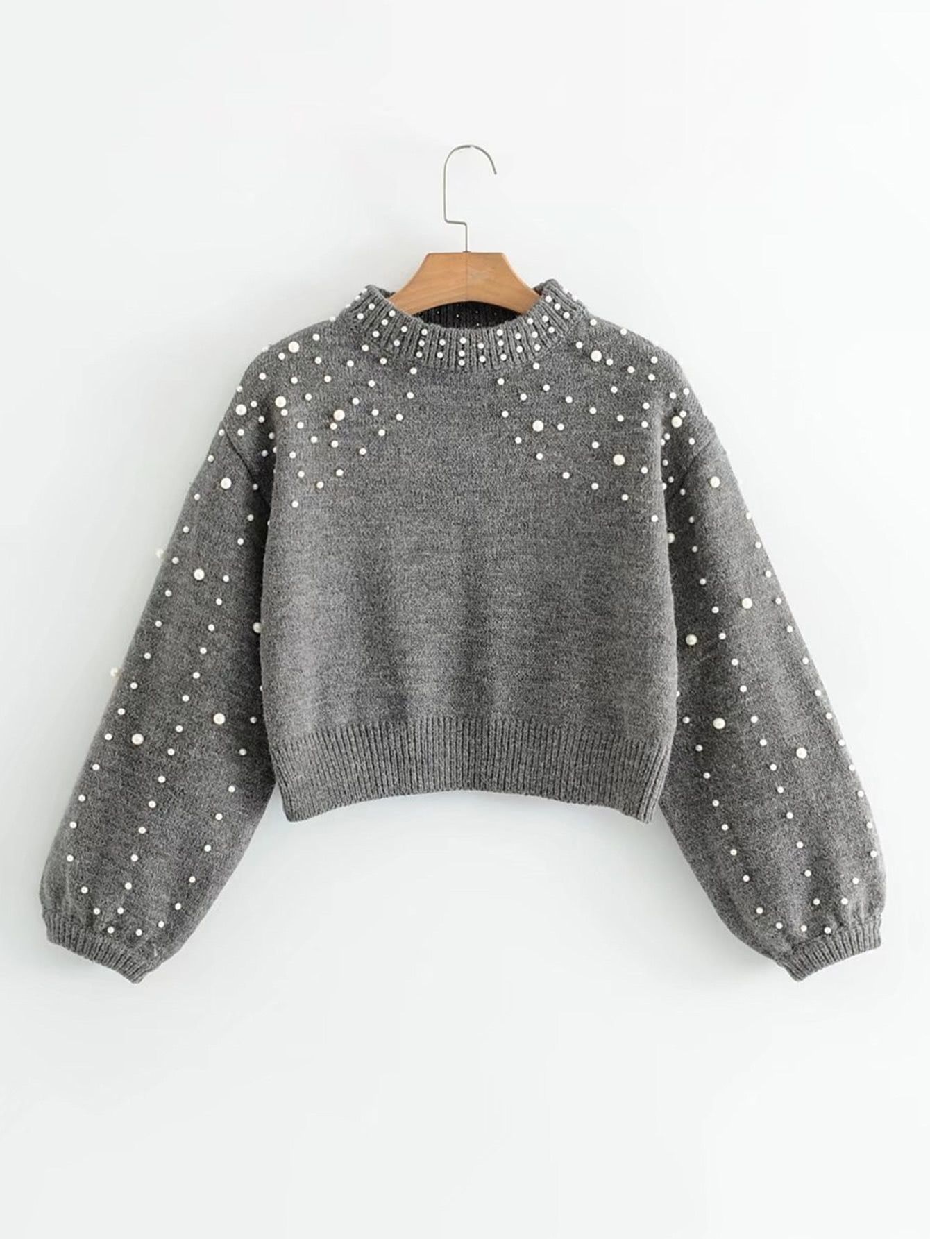 Lantern Sleeve Faux Pearl Crop Sweater | SHEIN