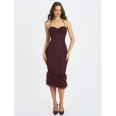 Miss Circle Pluma Maroon Halter Faux-Fur Trimmed Midi Dress M | Target